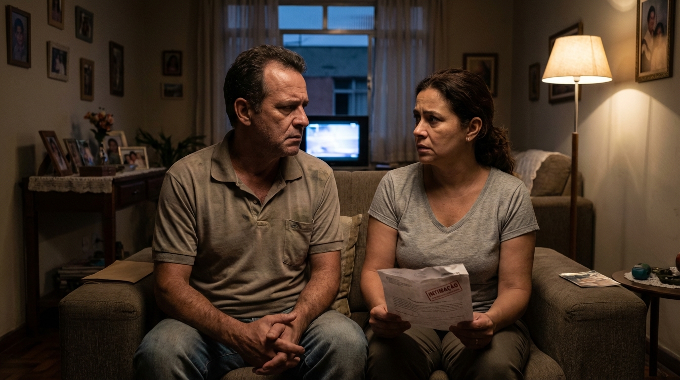 Pai de família brasileiro com expressão séria conversando com a esposa na sala de estar após receber intimação judicial de investigação