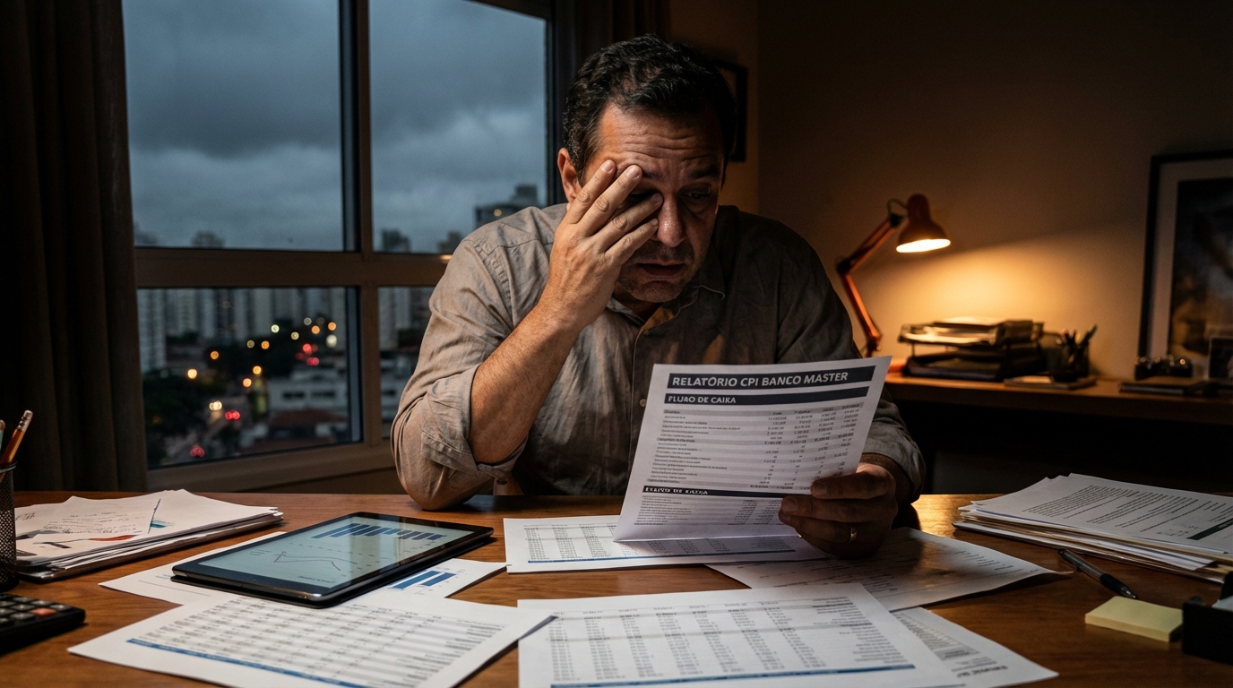 Empresário do setor educacional brasileiro preocupado analisando fluxo de caixa e relatórios da CPI Banco Master em seu escritório