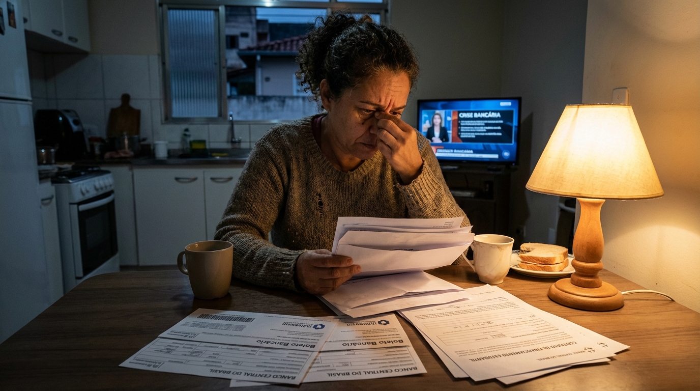 Mãe brasileira apreensiva na mesa da cozinha revisando boletos da faculdade e documentos de financiamento estudantil durante crise bancária