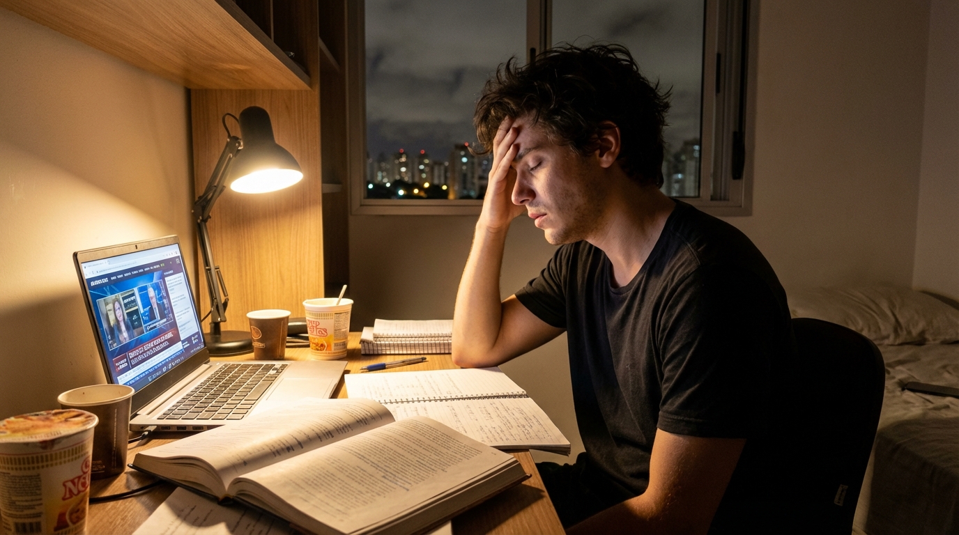 Estudante universitário brasileiro estressado estudando de madrugada, temendo os impactos da instabilidade financeira em seu crédito educativo