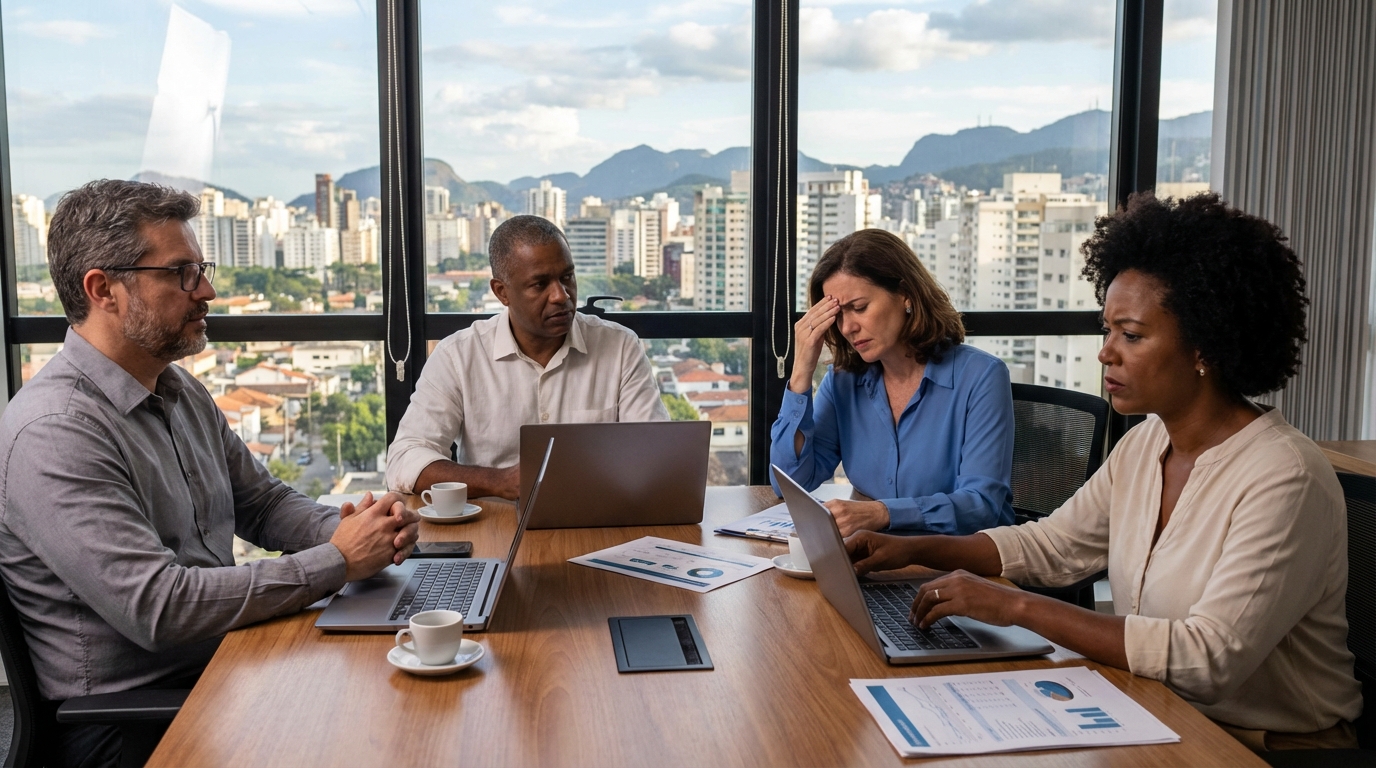 Gestores de uma universidade brasileira em reunião tensa avaliando estratégias de compliance corporativo e governança financeira