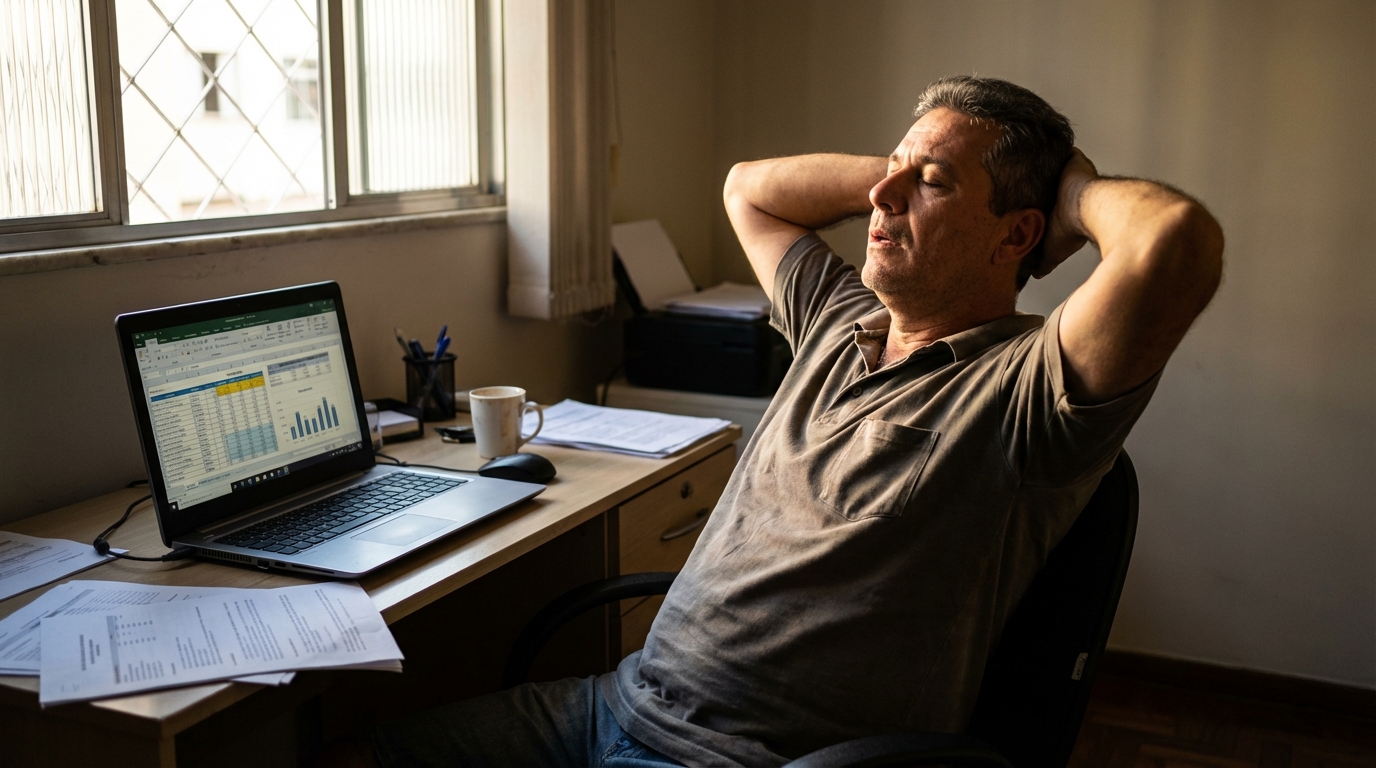 Pequeno investidor brasileiro consultando planilhas no notebook com alívio após garantir a proteção de seus ativos financeiros