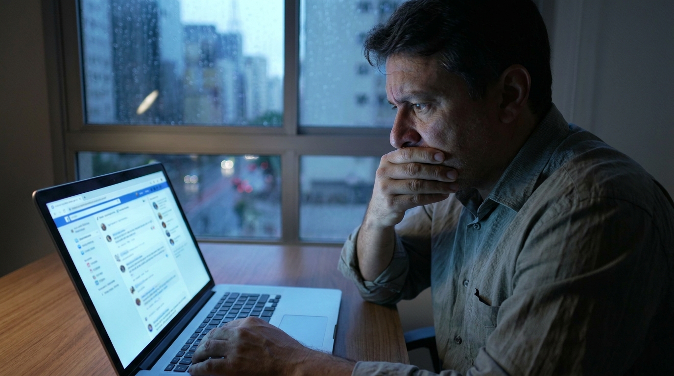 Empresário brasileiro em seu escritório com expressão de extrema preocupação enquanto analisa publicações negativas sobre sua empresa na tela do notebook