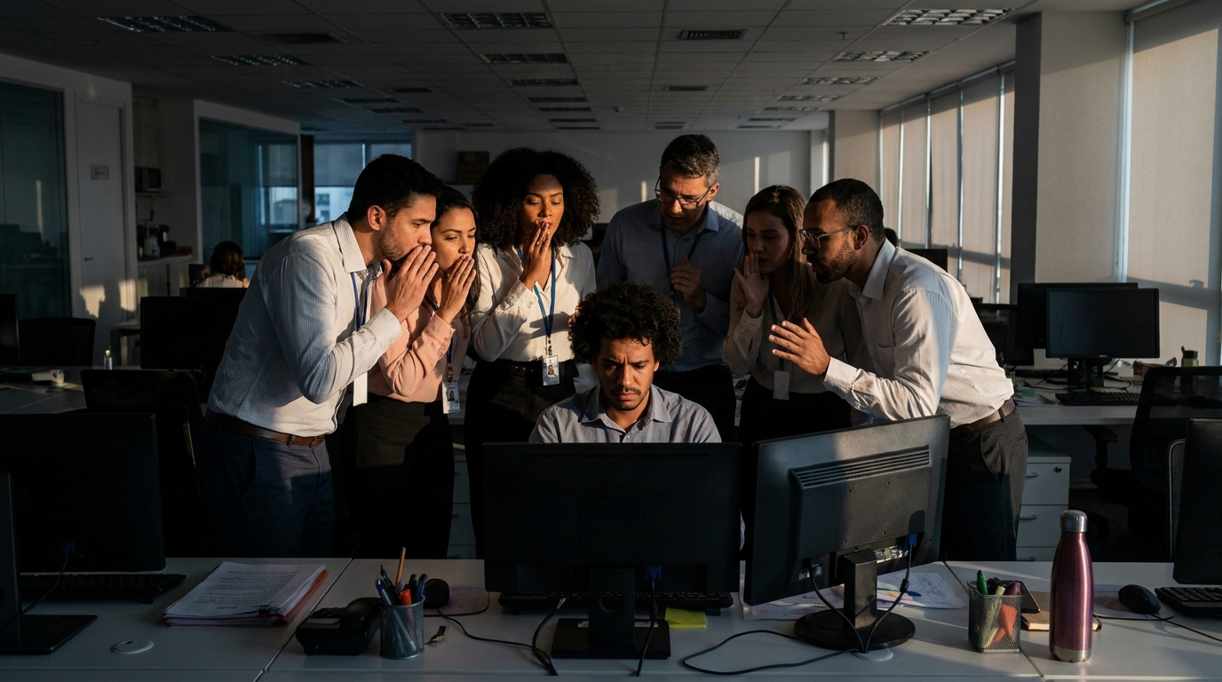 Grupo diversificado de funcionários brasileiros em ambiente de escritório sussurrando e apontando para um colega que parece isolado e constrangido