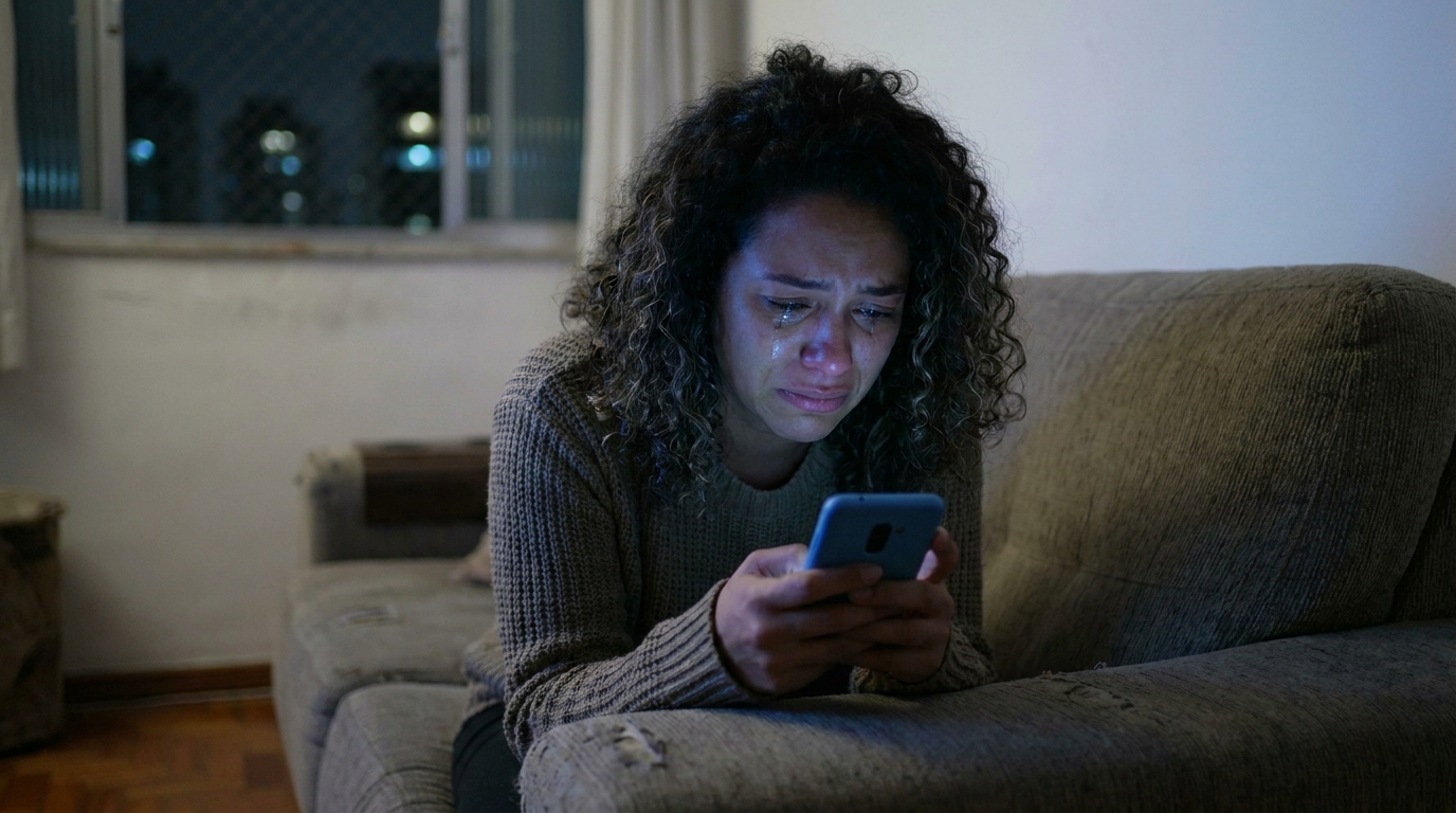 Mulher brasileira sentada no sofá de casa à noite, chorando e demonstrando angústia enquanto olha para mensagens em seu smartphone