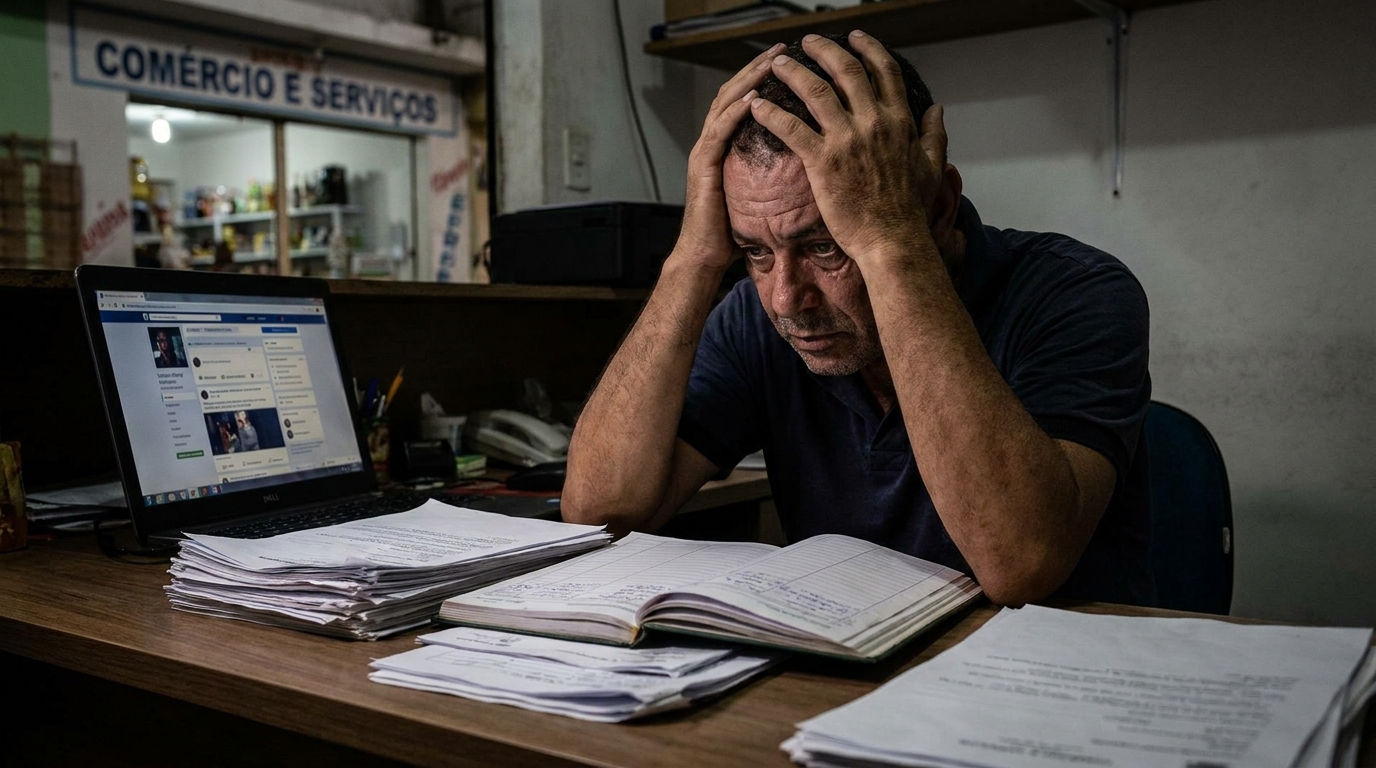 Homem de meia idade, dono de um pequeno comércio no Brasil, olhando para documentos financeiros com as mãos na cabeça, claramente afetado por danos à reputação de seu negócio