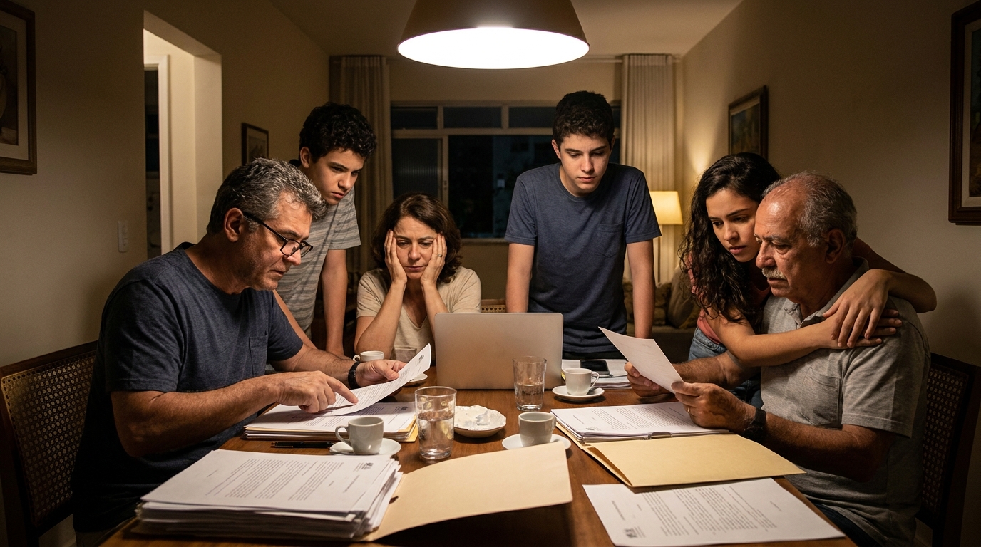Família brasileira reunida em torno da mesa de jantar, examinando papéis e documentos com expressões sérias, buscando resolver um problema legal juntos