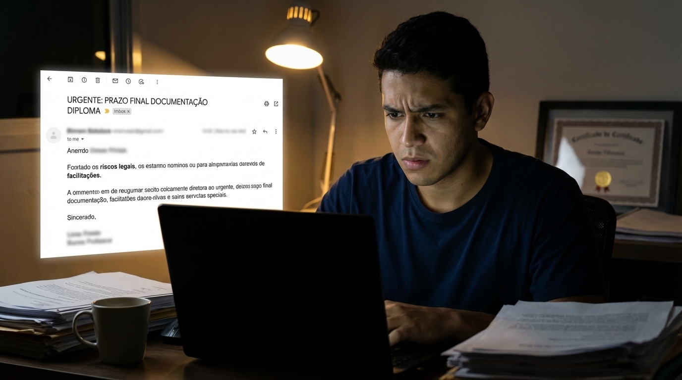 Jovem profissional brasileiro preocupado no escritório analisando e-mails com prazos urgentes para entrega de documentação - crime de uso de documento falso