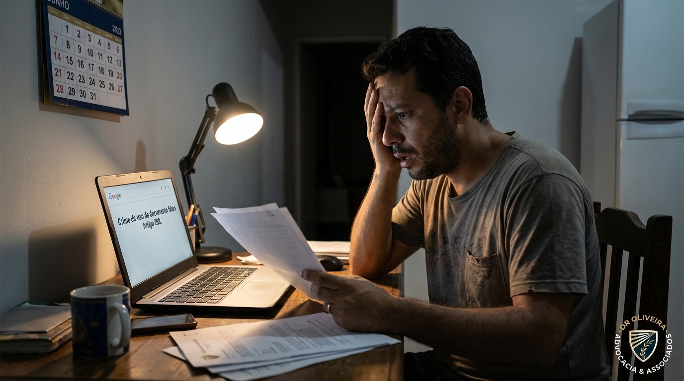 Cidadão brasileiro angustiado em casa segurando papéis e olhando para a tela do computador com expressão de choque - comprar diploma é crime