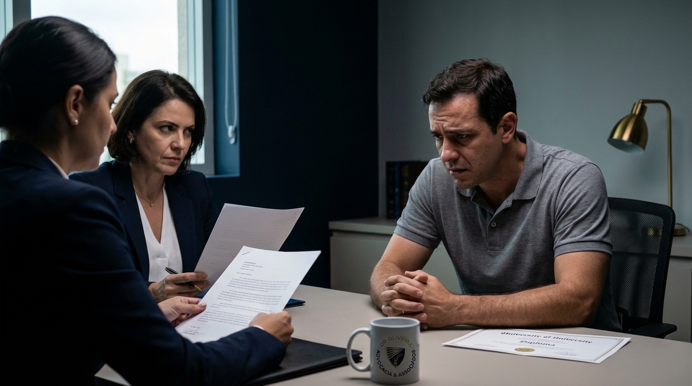 Trabalhador brasileiro em reunião tensa com o departamento de recursos humanos da empresa - defesa criminal documento falso