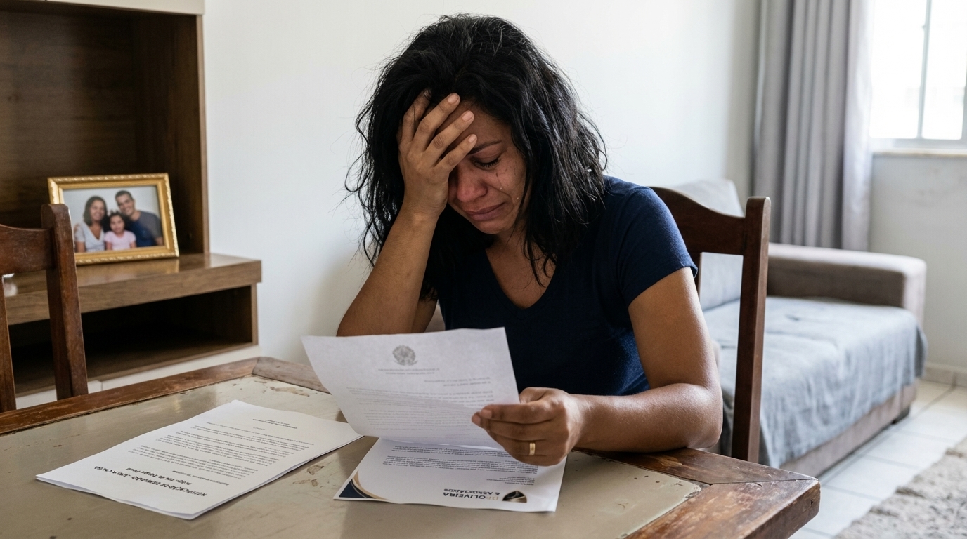 Mãe de família brasileira em desespero na sala de estar após receber uma carta de notificação de demissão - artigo 304 do código penal