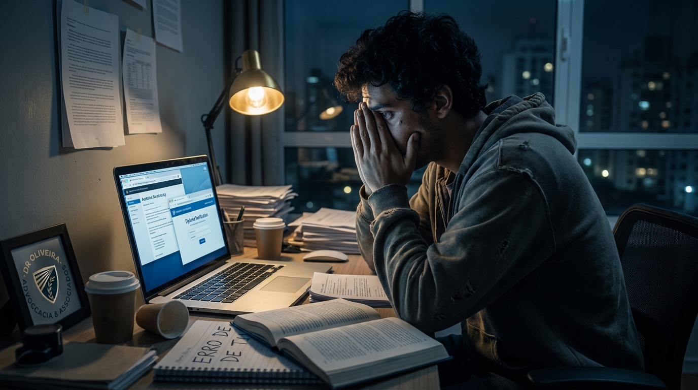 Estudante brasileiro frustrado em frente ao computador tentando resolver burocracias acadêmicas de madrugada - advogado criminalista em São Paulo