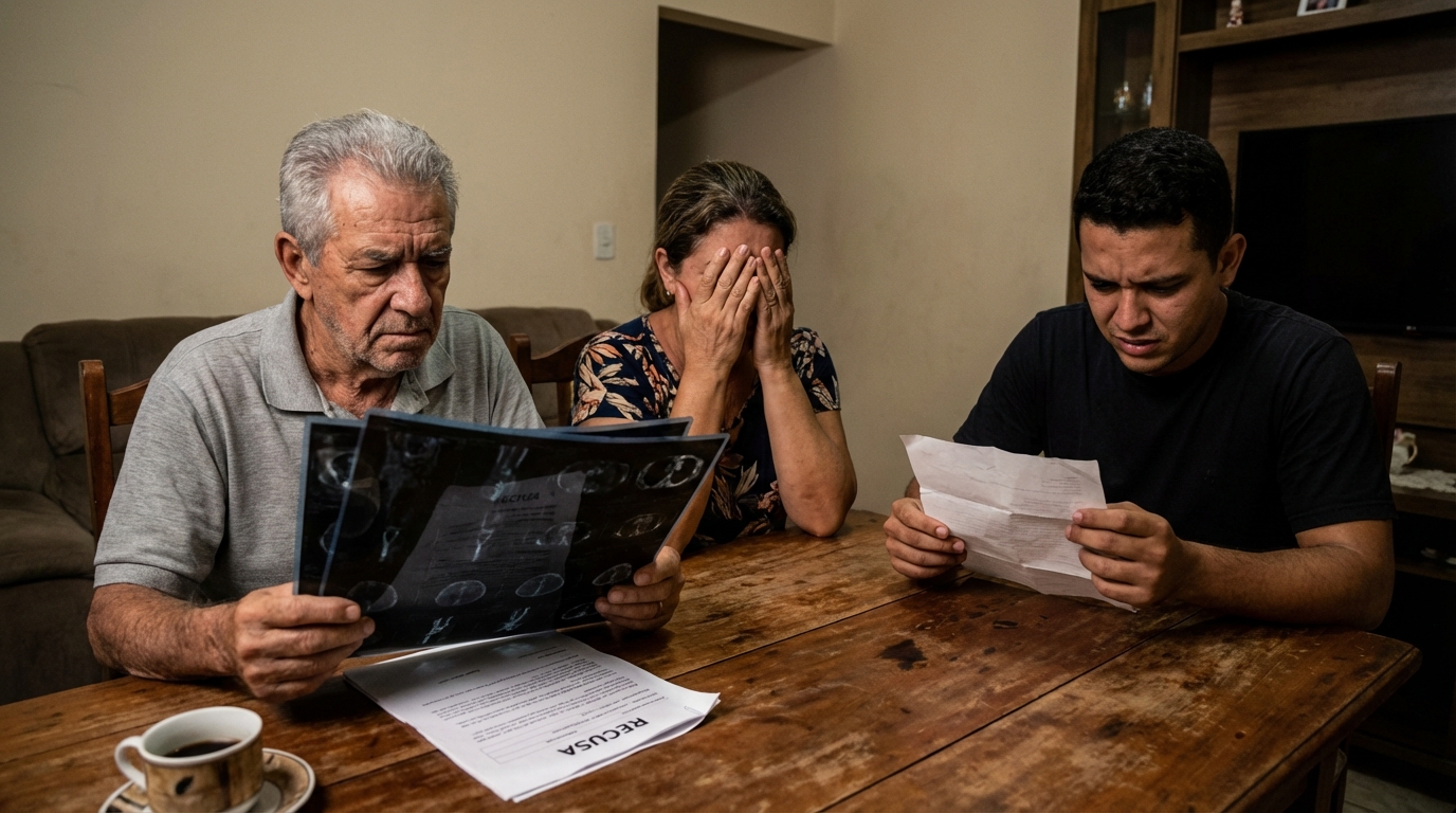 Família brasileira angustiada, com um idoso segurando exames médicos, sentados na mesa da sala após lerem a carta de recusa do plano de saúde
