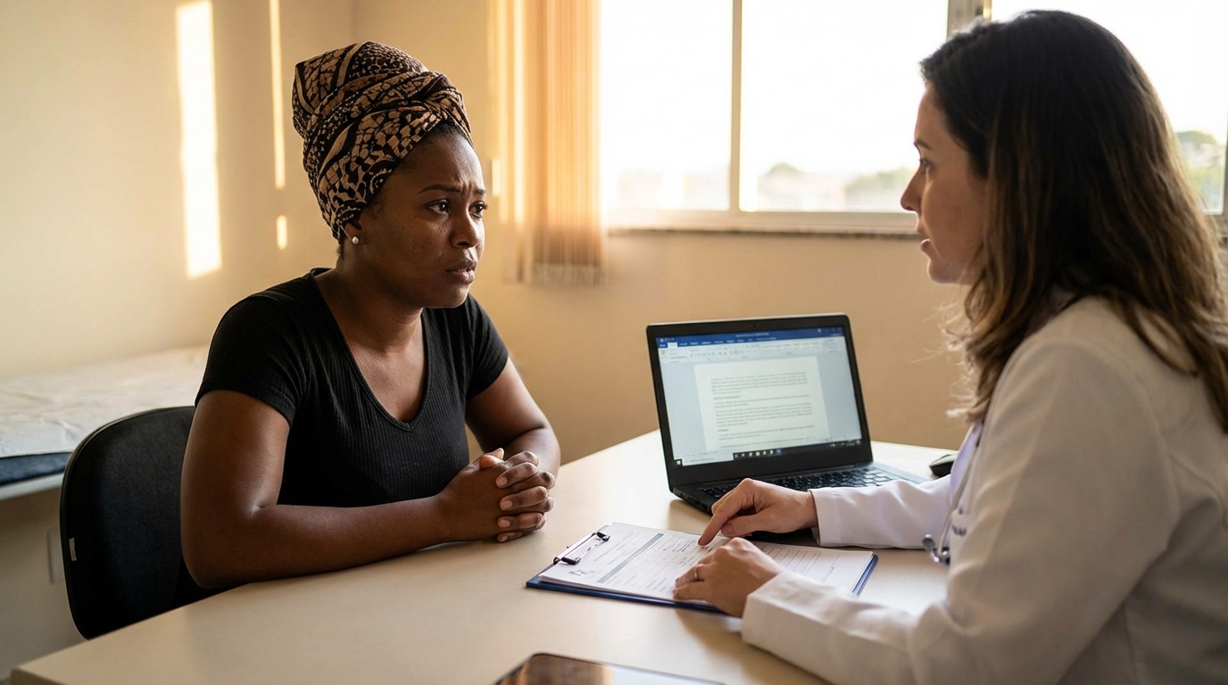 Mulher brasileira negra, paciente oncológica, conversando seriamente com sua médica no consultório sobre as opções de tratamento para o câncer