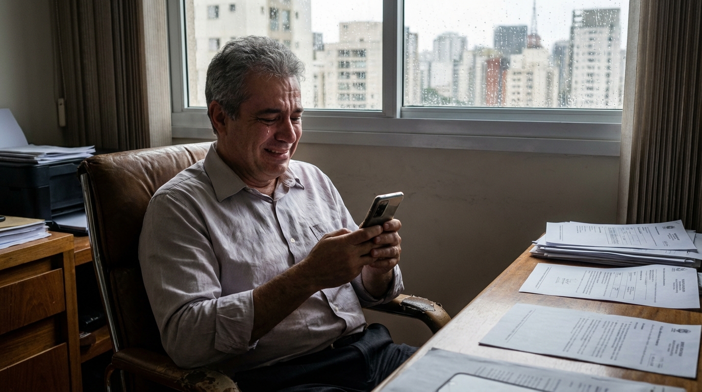 Empresário brasileiro de meia idade em seu escritório, com expressão de alívio e esperança lendo uma mensagem no celular sobre a aprovação de seu tratamento médico