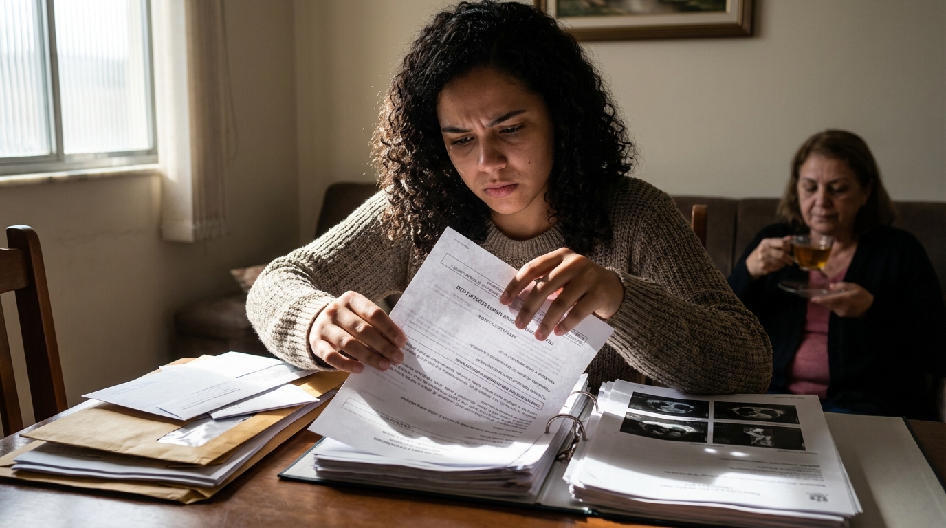 Jovem mulher brasileira organizando cuidadosamente dezenas de laudos médicos e exames sobre a mesa, preparando-se para lutar por seus direitos