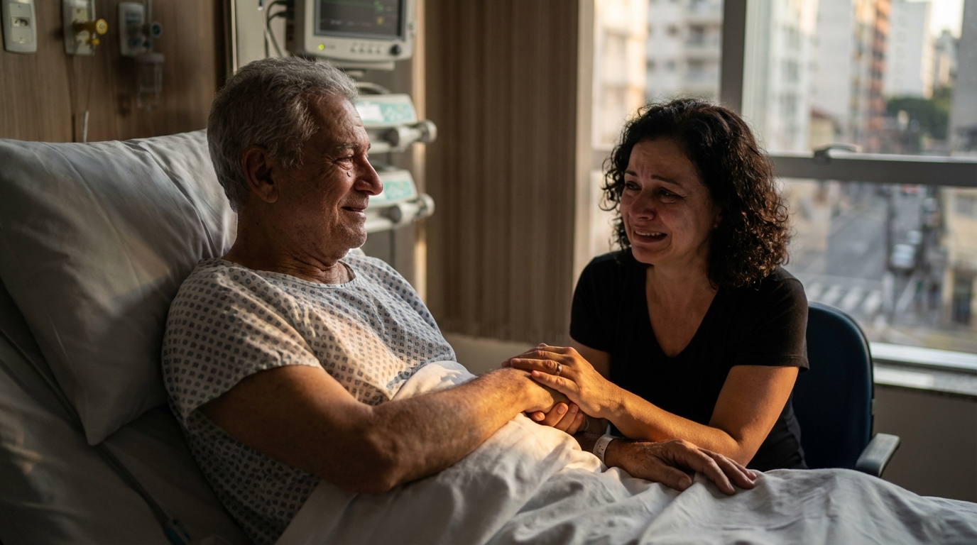 Homem idoso brasileiro, no leito do hospital, segurando a mão de sua filha com um sorriso de alívio após saber que seu procedimento foi autorizado judicialmente