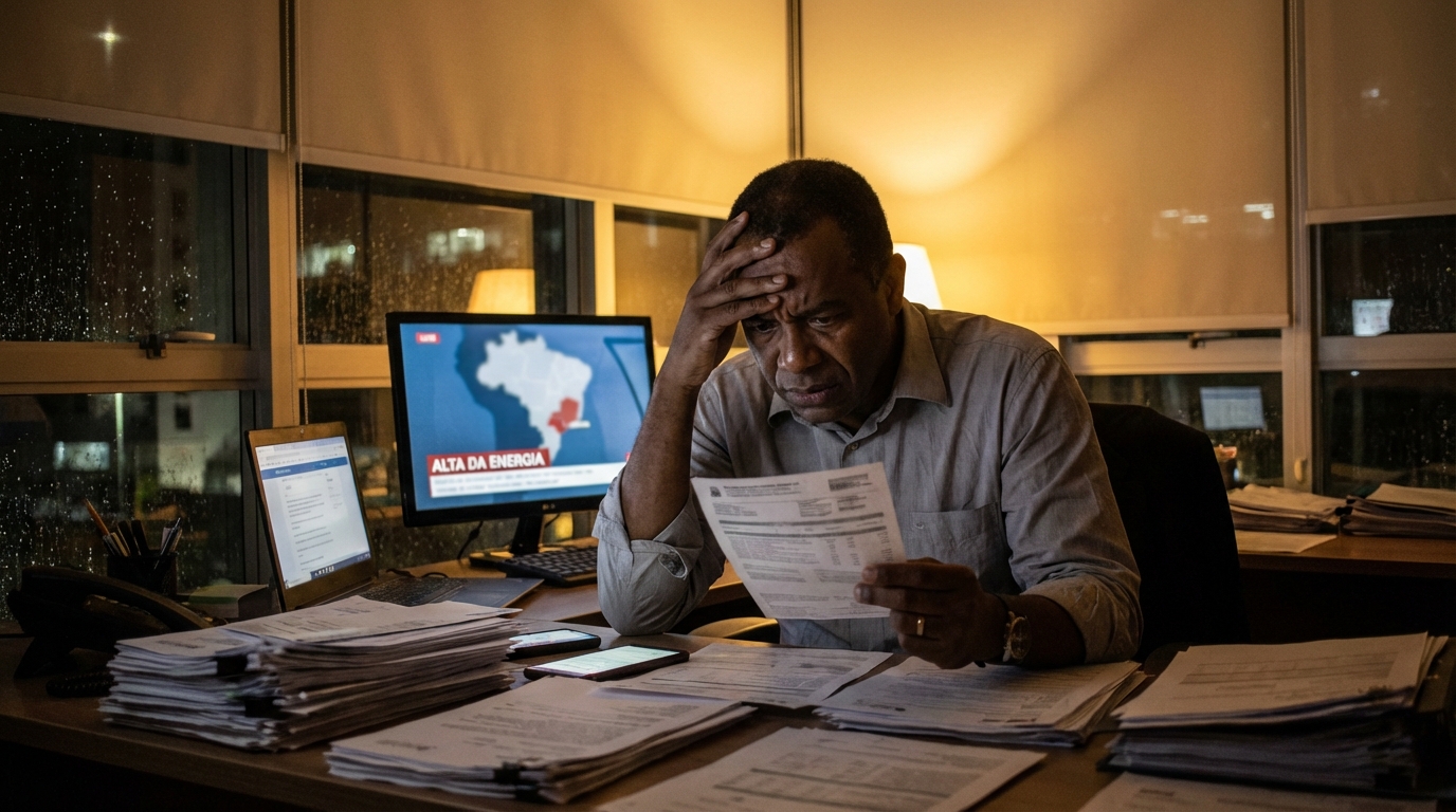 Gestor financeiro brasileiro afrodescendente com expressão de tensão analisando faturas de energia em um escritório corporativo