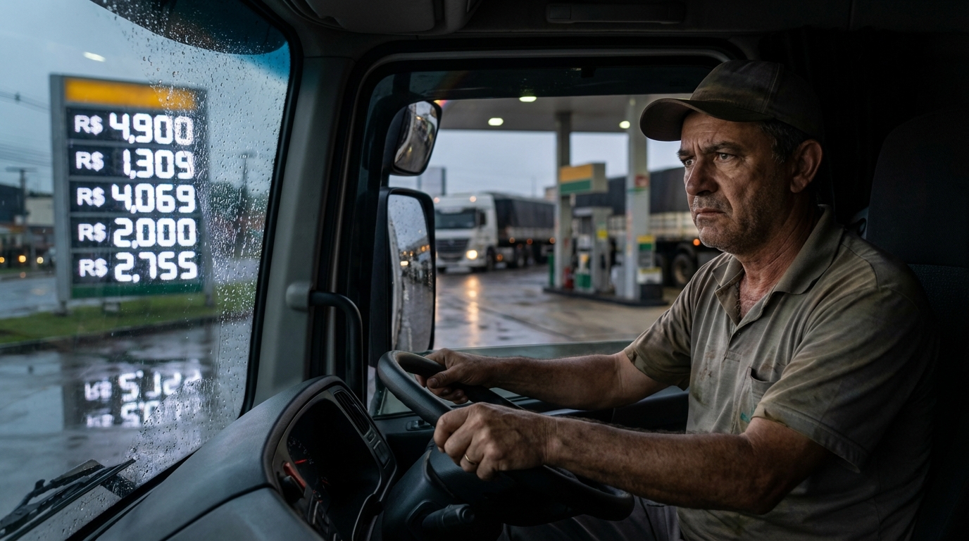 Motorista de frota de caminhões brasileiro observando o painel de preços de combustível com olhar de extrema preocupação