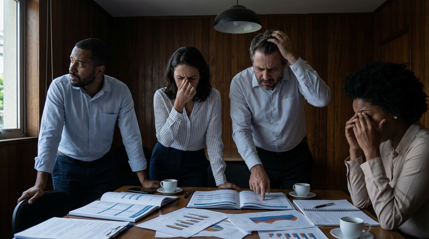Reunião tensa entre diretores de uma universidade brasileira discutindo o orçamento estourado de infraestrutura e contratos