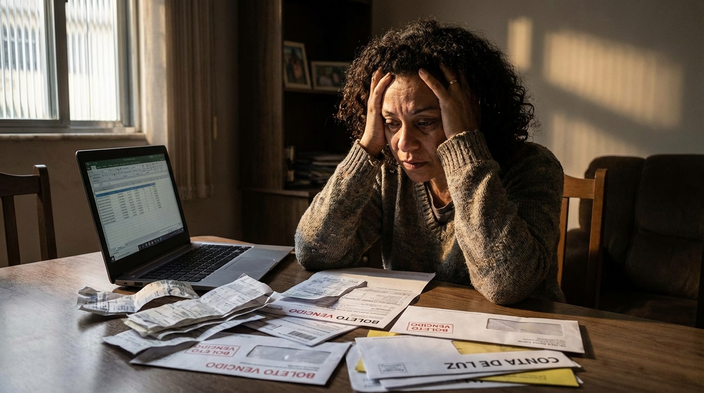Dona de pequena indústria no Brasil organizando dezenas de boletos vencidos em uma mesa com feição de exaustão
