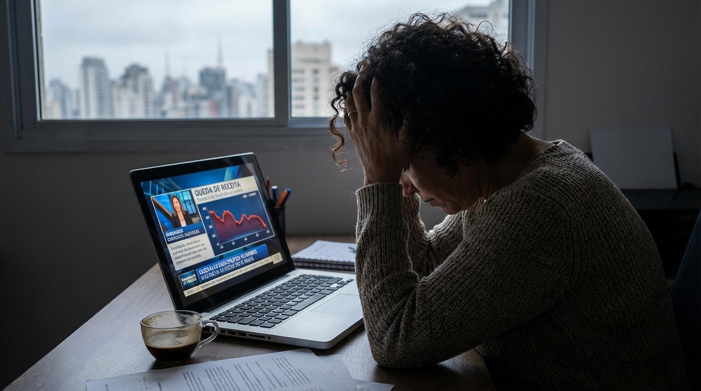 Empresária brasileira de meia-idade segurando a cabeça em desespero diante de um computador mostrando gráficos de queda de receita