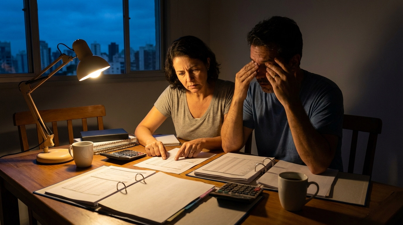 Casal de empreendedores brasileiros na mesa da sala de jantar durante a madrugada revisando planilhas de custos com calculadoras