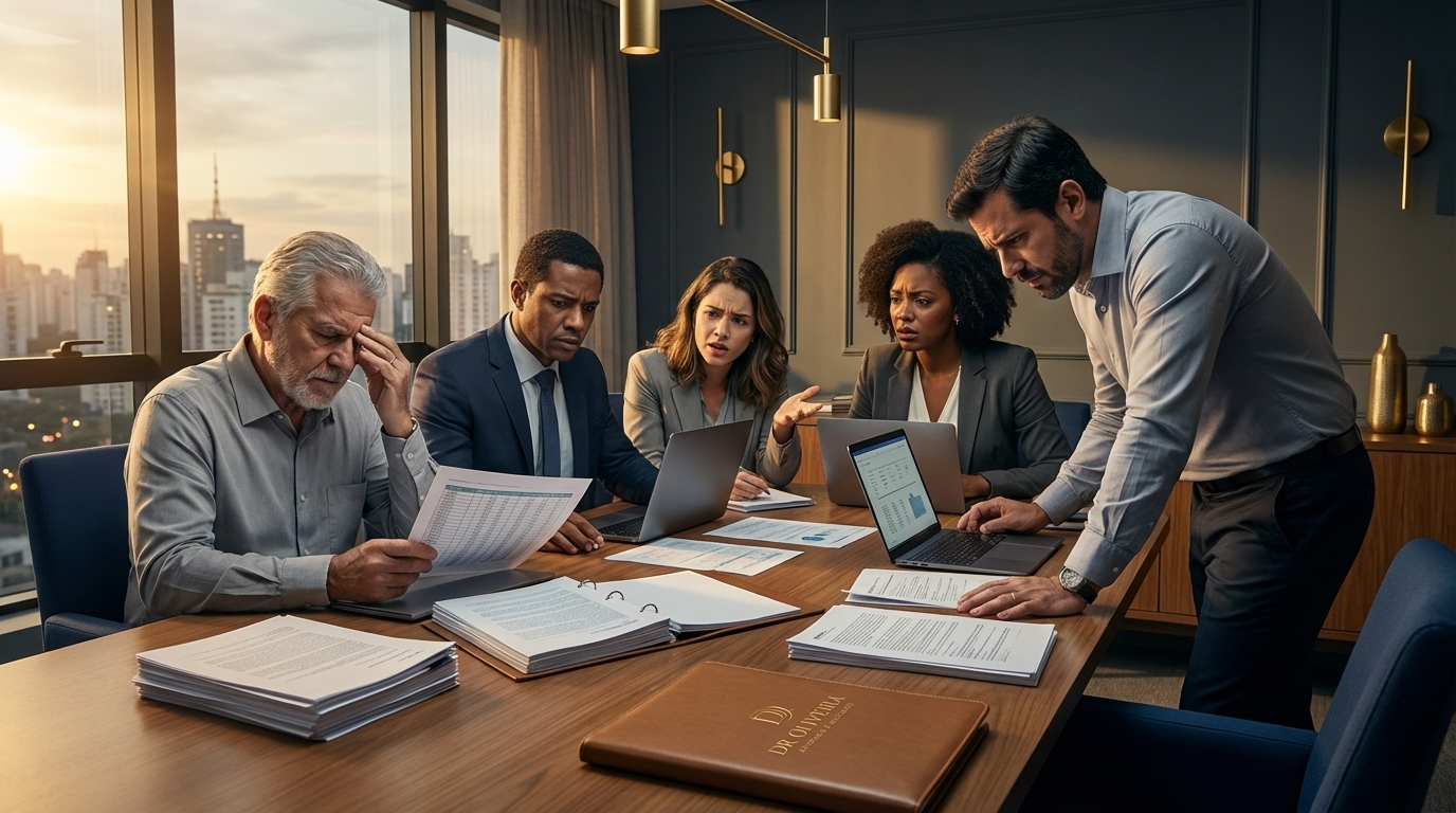 Grupo de executivos brasileiros em sala de reunião discutindo documentos com expressões de preocupação e tensão