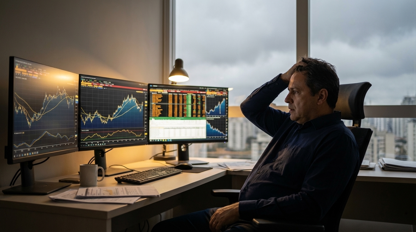 Investidor brasileiro em home office analisando gráficos em múltiplos monitores com expressão de dúvida