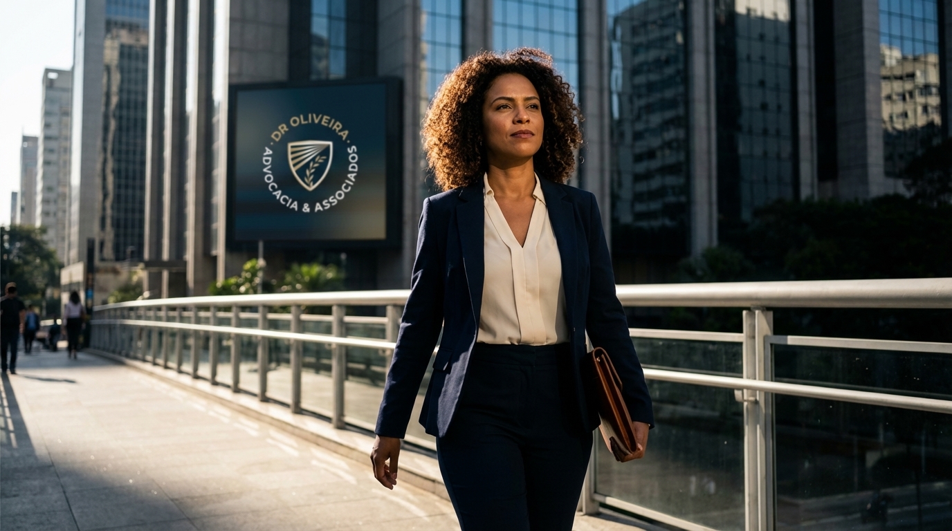 Mulher de negócios brasileira caminhando em centro financeiro urbano parecendo confiante e segura