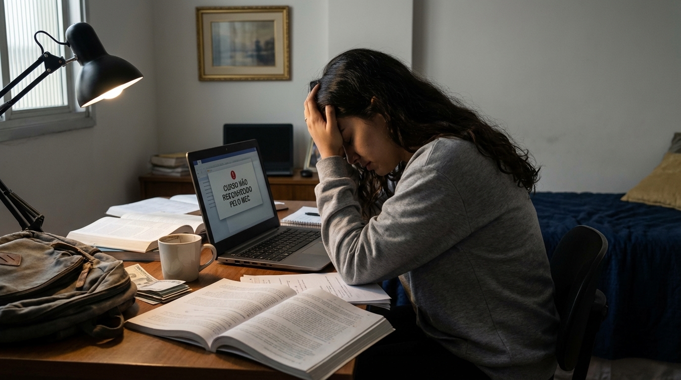 Estudante brasileiro frustrado com livros e notebook ao descobrir curso não reconhecido pelo MEC