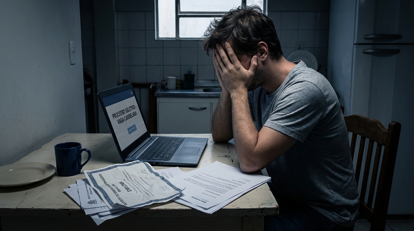 Jovem cidadão brasileiro frustrado perdendo vaga de emprego por não conseguir validar diploma MEC