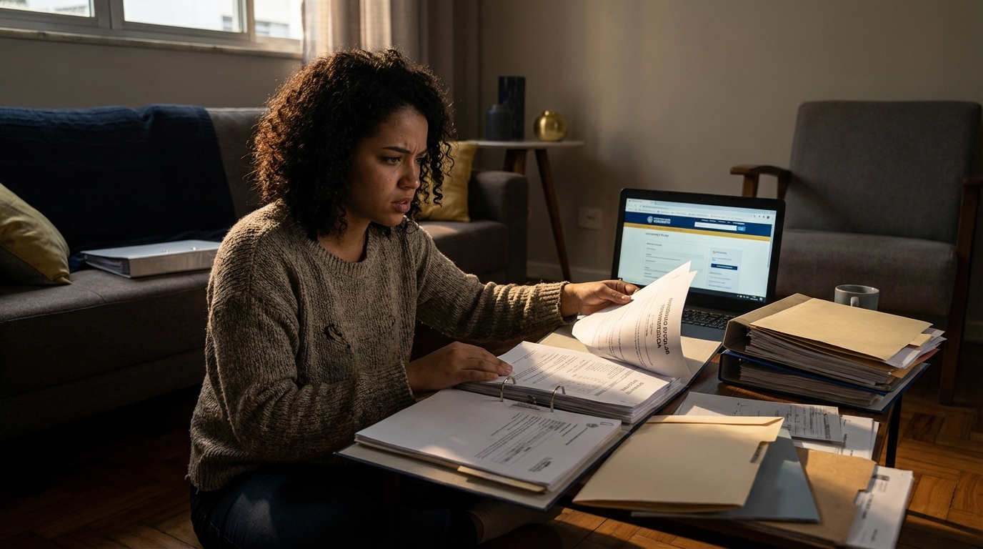 Estudante brasileira organizando documentos e histórico escolar para transferência de universidade