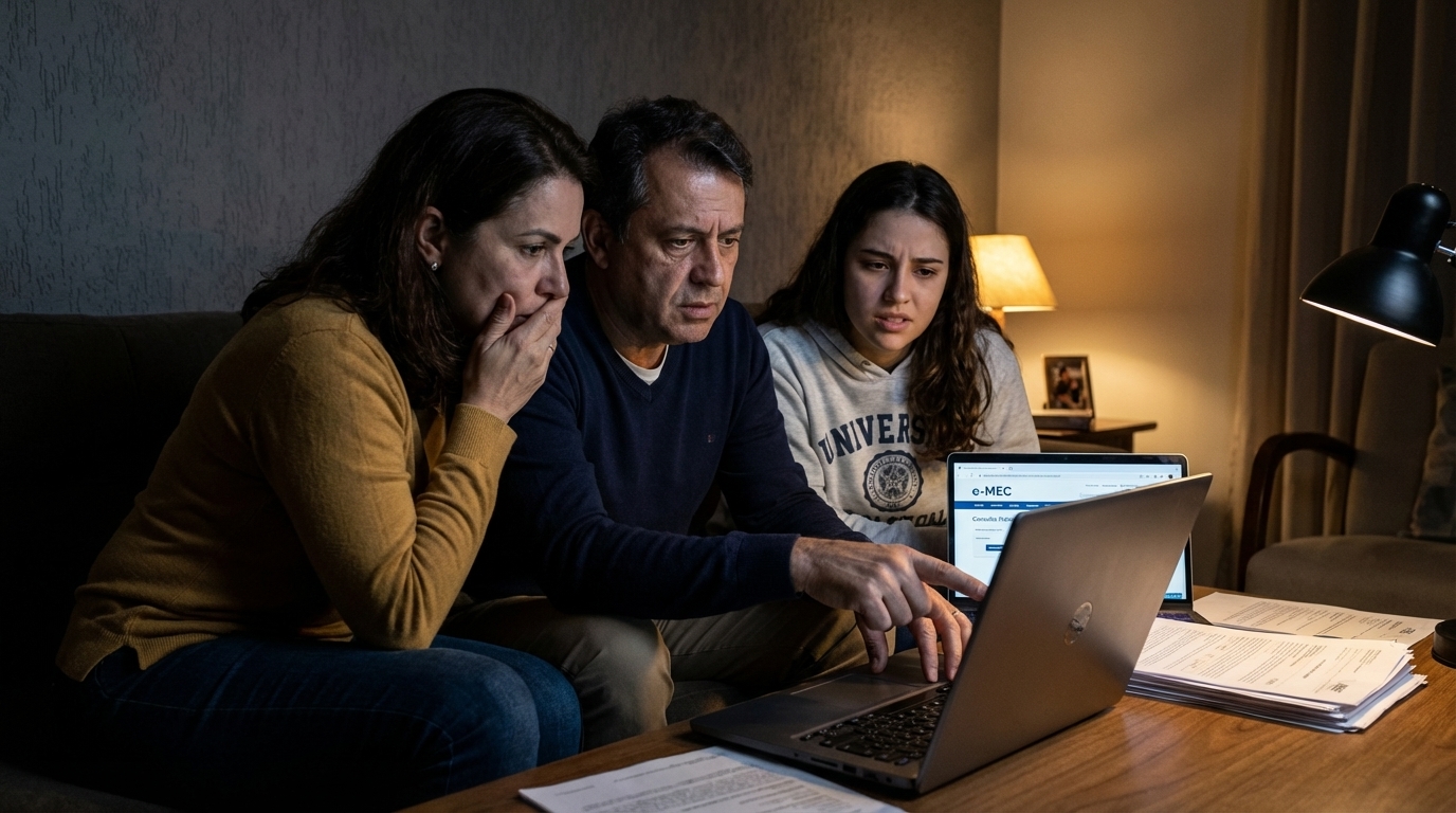 Pais e filha estudantes brasileiros verificando o portal e-MEC no computador para confirmar validade do curso