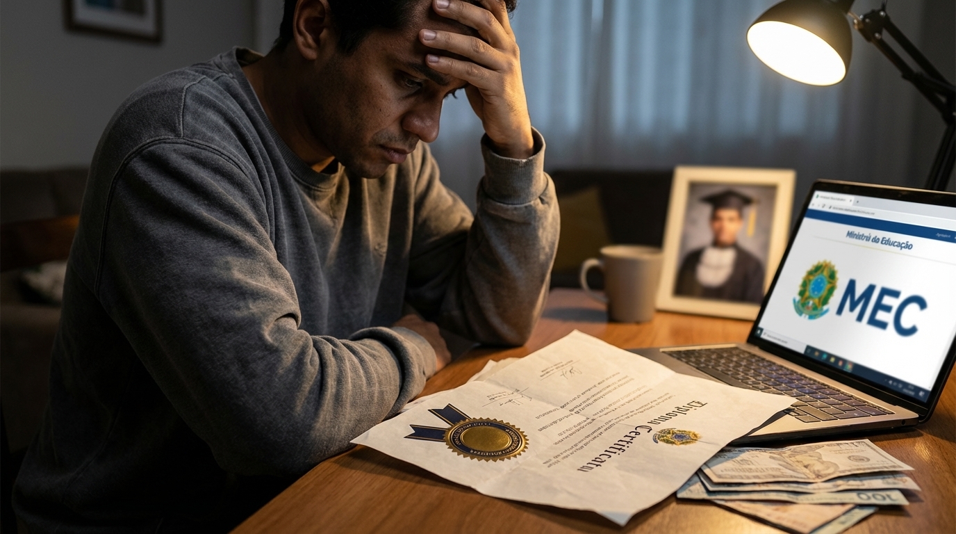 Dr. Oliveira, advogado criminal renomado, em escritório moderno e luxuoso com fundo azul gradiente - Curso não reconhecido pelo MEC: Quais os seus direitos se o diploma for inválido?