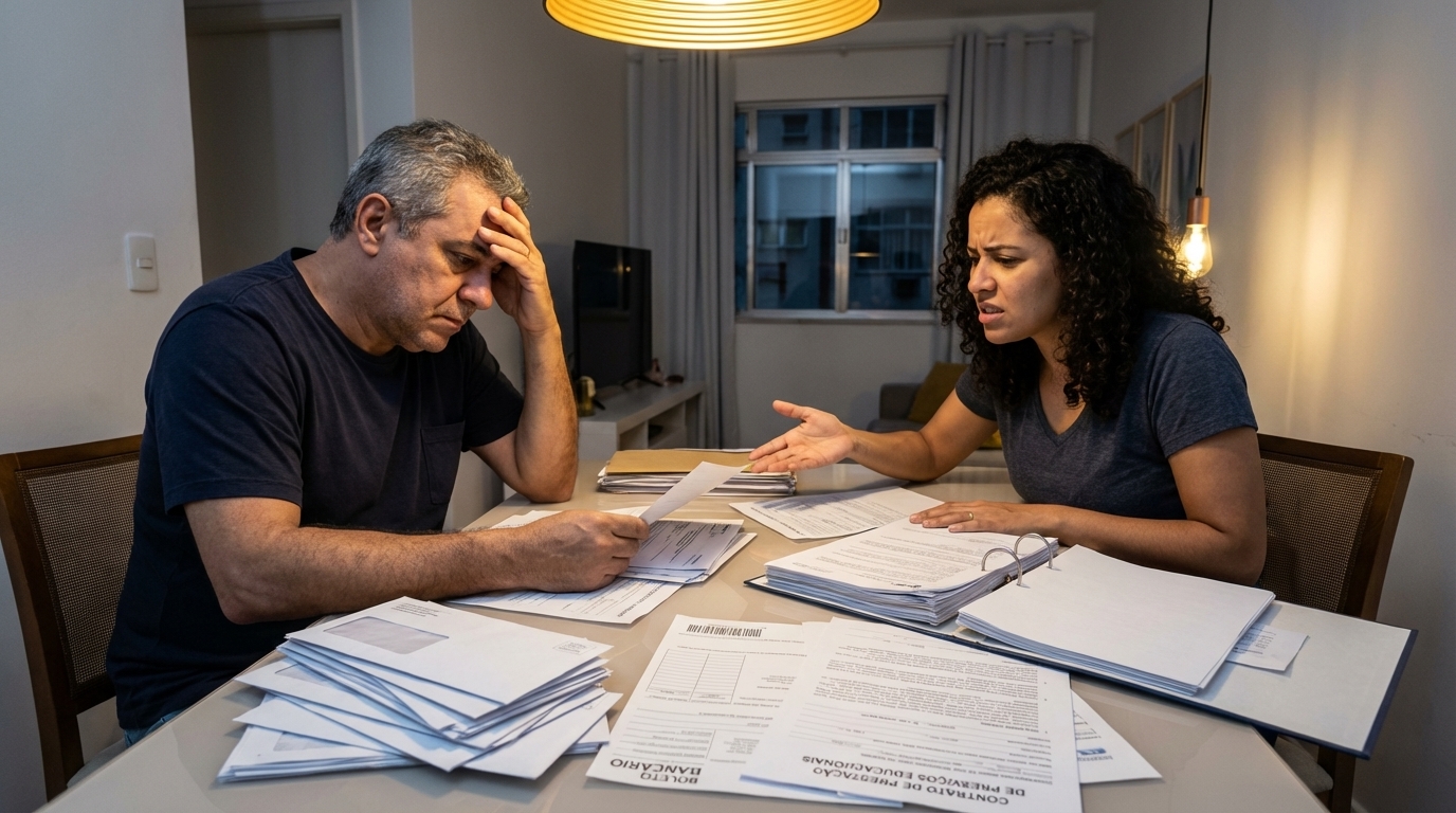 Pai e filha brasileiros sentados à mesa da sala de jantar, analisando pilhas de documentos e boletos da faculdade com expressões de profunda preocupação e indignação