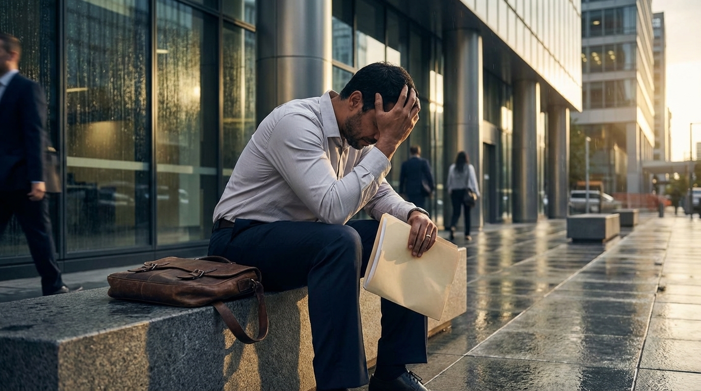 Trabalhador brasileiro cabisbaixo e desolado saindo de um prédio comercial de escritórios segurando uma pasta de documentos após ser rejeitado em uma entrevista de emprego por conta do diploma inválido