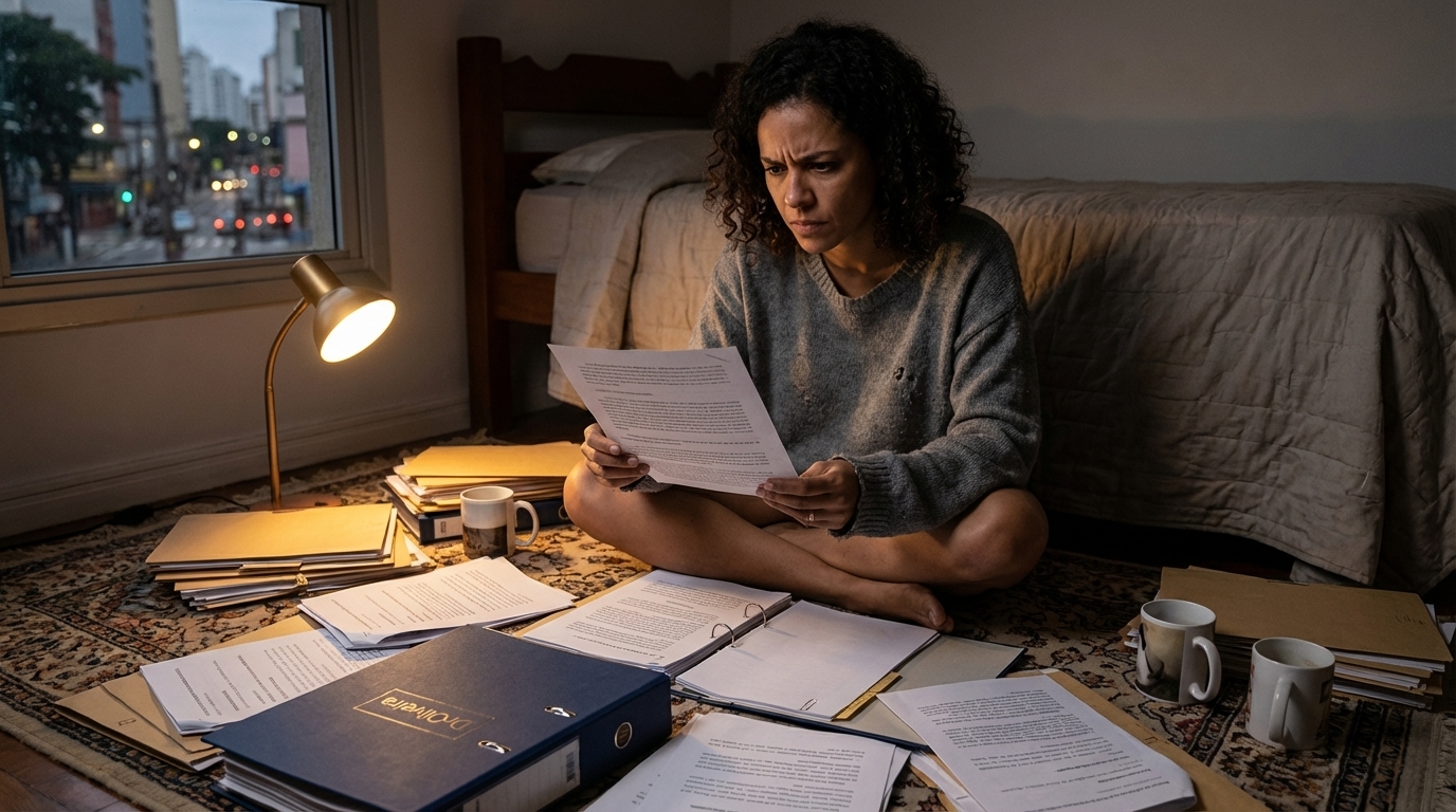 Mulher brasileira sentada no chão de seu quarto organizando várias pastas de contratos, boletos e e-mails impressos, preparando provas para um processo judicial contra sua antiga faculdade