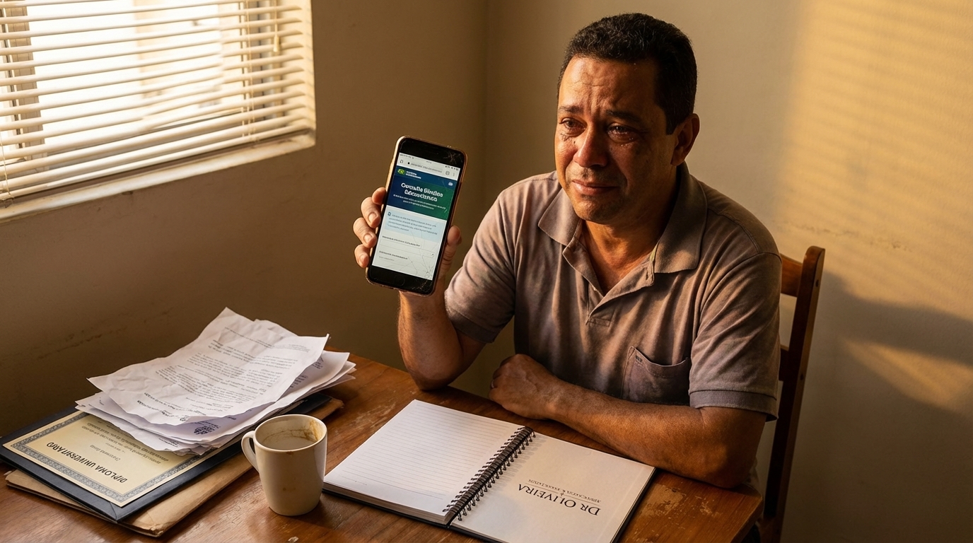 Cidadão brasileiro segurando o celular com expressão de alívio e esperança ao consultar online um especialista em direitos educacionais para resolver o problema de seu diploma