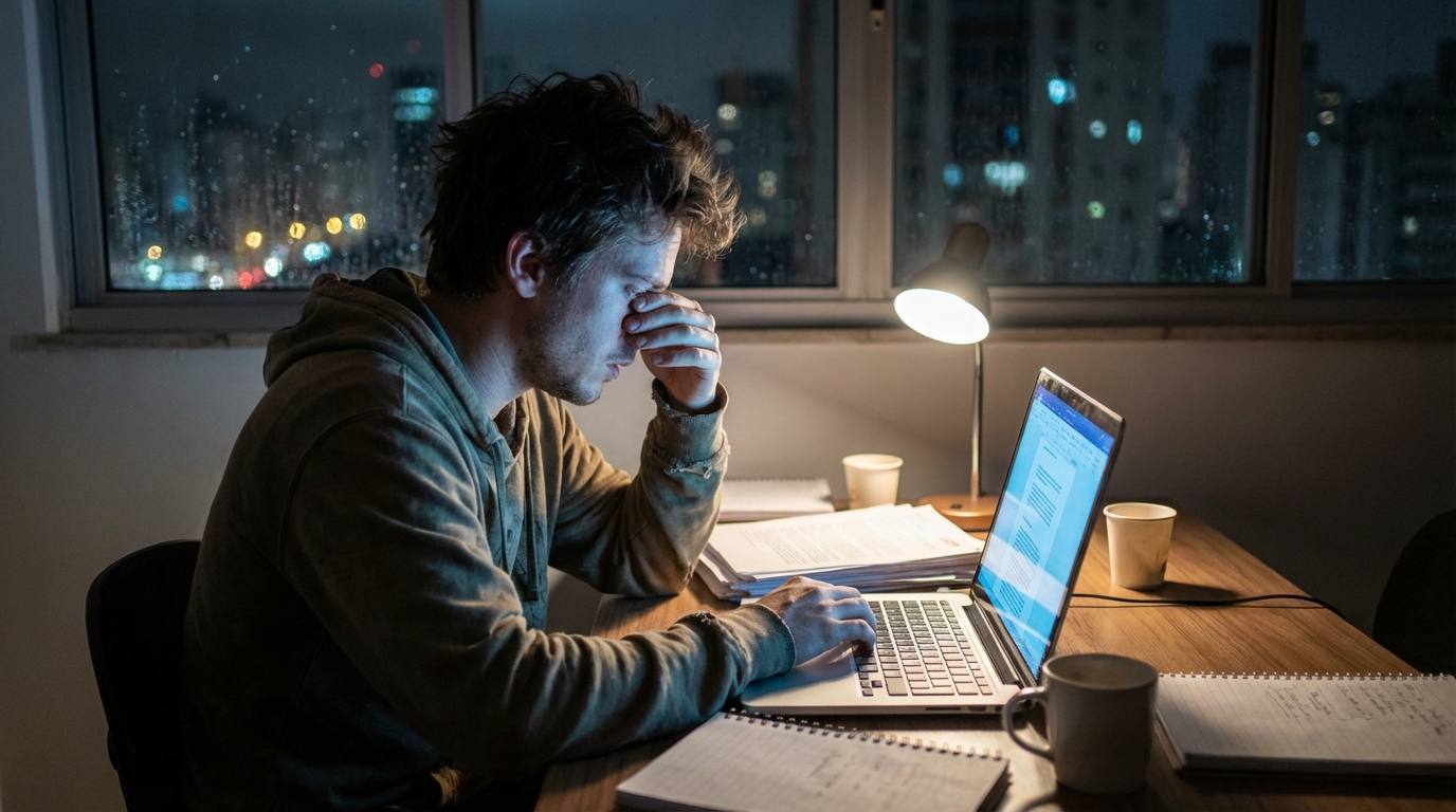 Jovem estudante brasileiro trabalhando até tarde da noite no computador com expressão de cansaço e foco - cursos tecnólogos MEC