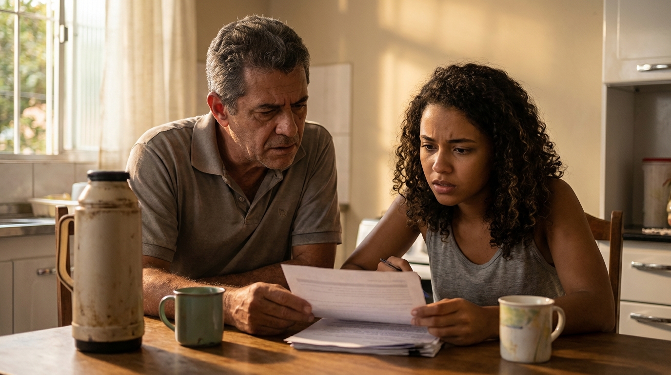 Pai e filha brasileiros sentados na mesa da cozinha analisando o contrato de matrícula da faculdade com expressões atentas - reconhecimento de curso MEC
