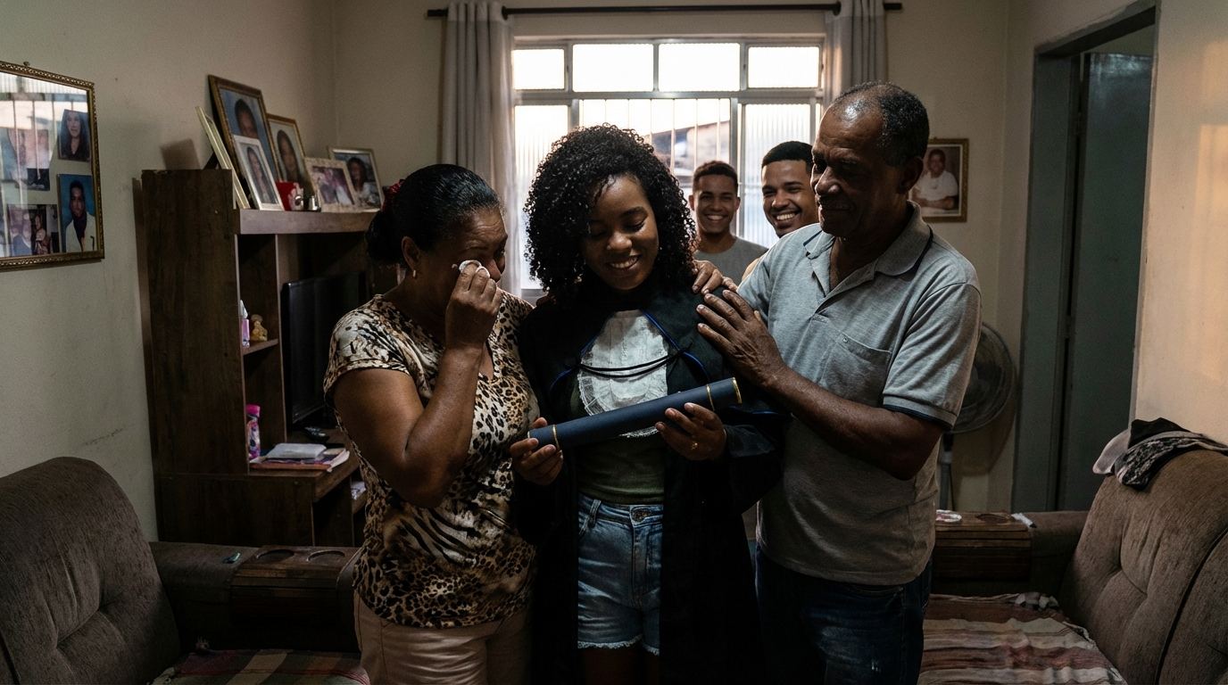 Mulher brasileira negra segurando seu diploma universitário com orgulho ao lado de sua família emocionada - direitos do estudante