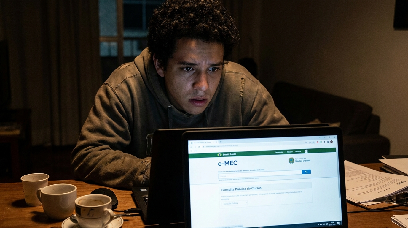 Jovem brasileiro preocupado olhando para a tela do notebook pesquisando informações sobre sua faculdade - validade diploma tecnólogo