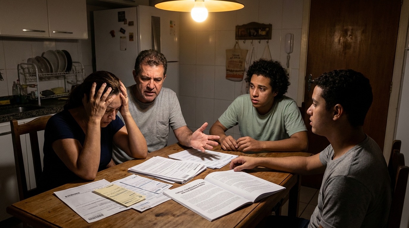 Família brasileira em casa discutindo finanças com expressão de tensão e boletos sobre a mesa - direito universitário