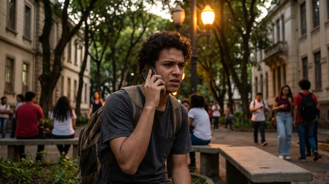 Estudante universitário brasileiro no campus conversando no celular com expressão de dúvida buscando orientação - cursos tecnólogos MEC