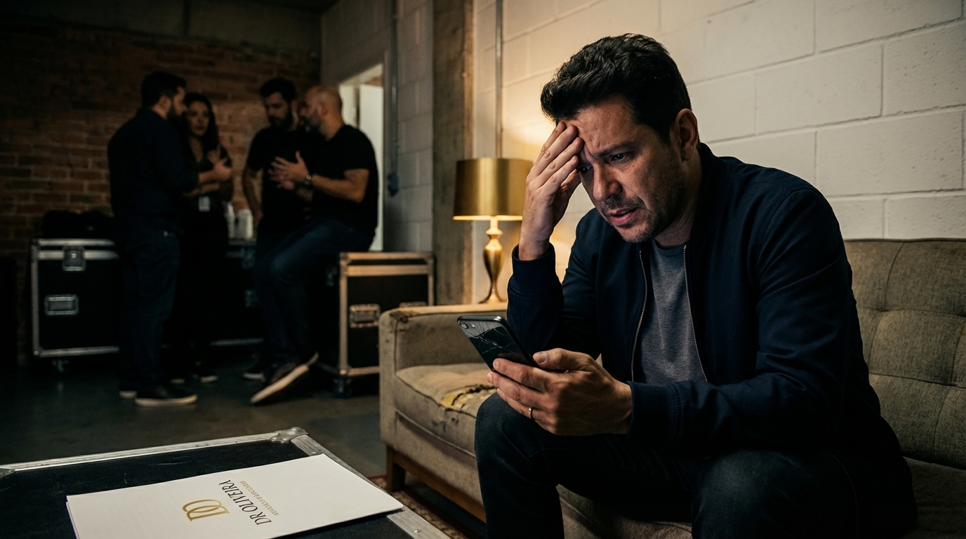 Artista brasileiro famoso com expressão de preocupação em camarim, consultando smartphone com notícias urgentes sobre sua carreira e advogados ao fundo