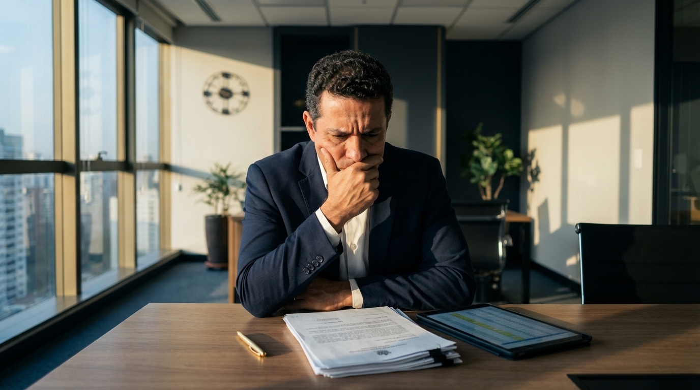 Empresário brasileiro em escritório moderno analisando documentos fiscais com expressão séria e preocupada, iluminado por luz natural