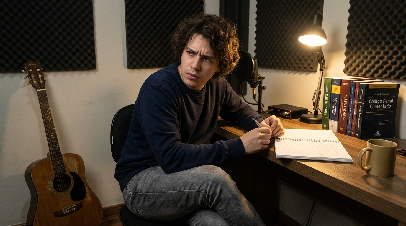 Jovem brasileiro músico escrevendo letras em caderno em um estúdio caseiro simples, com expressão pensativa sobre o conteúdo e livros de direito na mesa