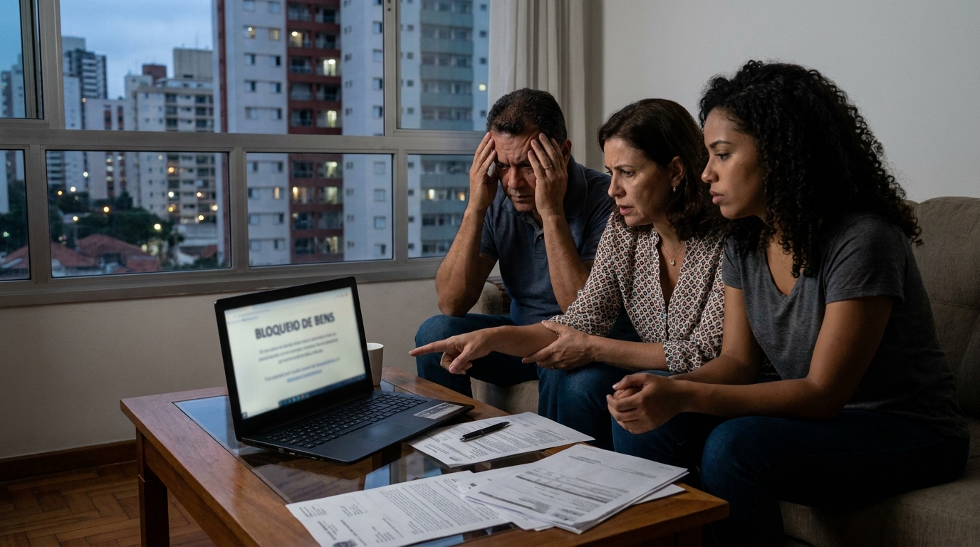 Família brasileira preocupada na sala de estar analisando bloqueio de bens após falha em Governança Corporativa