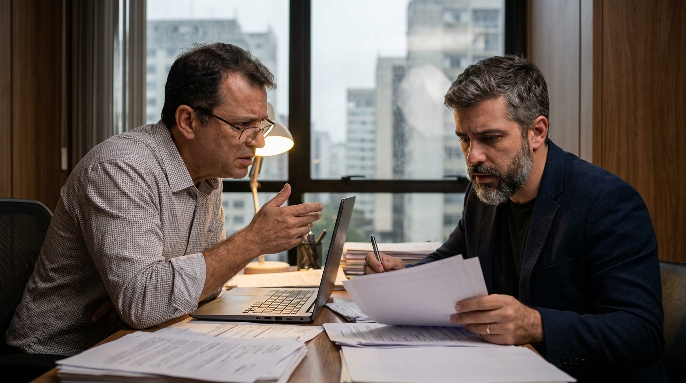 Contador e empresário brasileiro conversando seriamente sobre Governança Corporativa e riscos fiscais